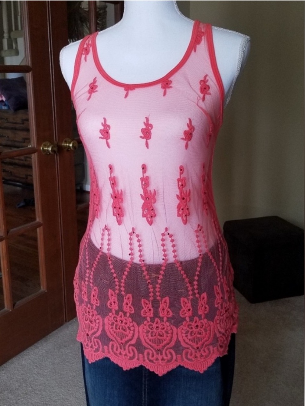 Vanity Sleeveless Coral Orange Embellished Lace See-Through Tank Top NEW